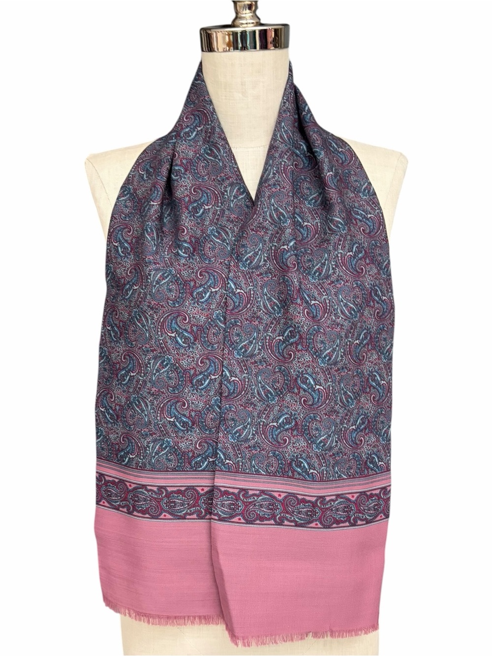 Vintage Wool Paisley Scarf Dusty Rose Blue Gray Fringe Wrap 100% Wool